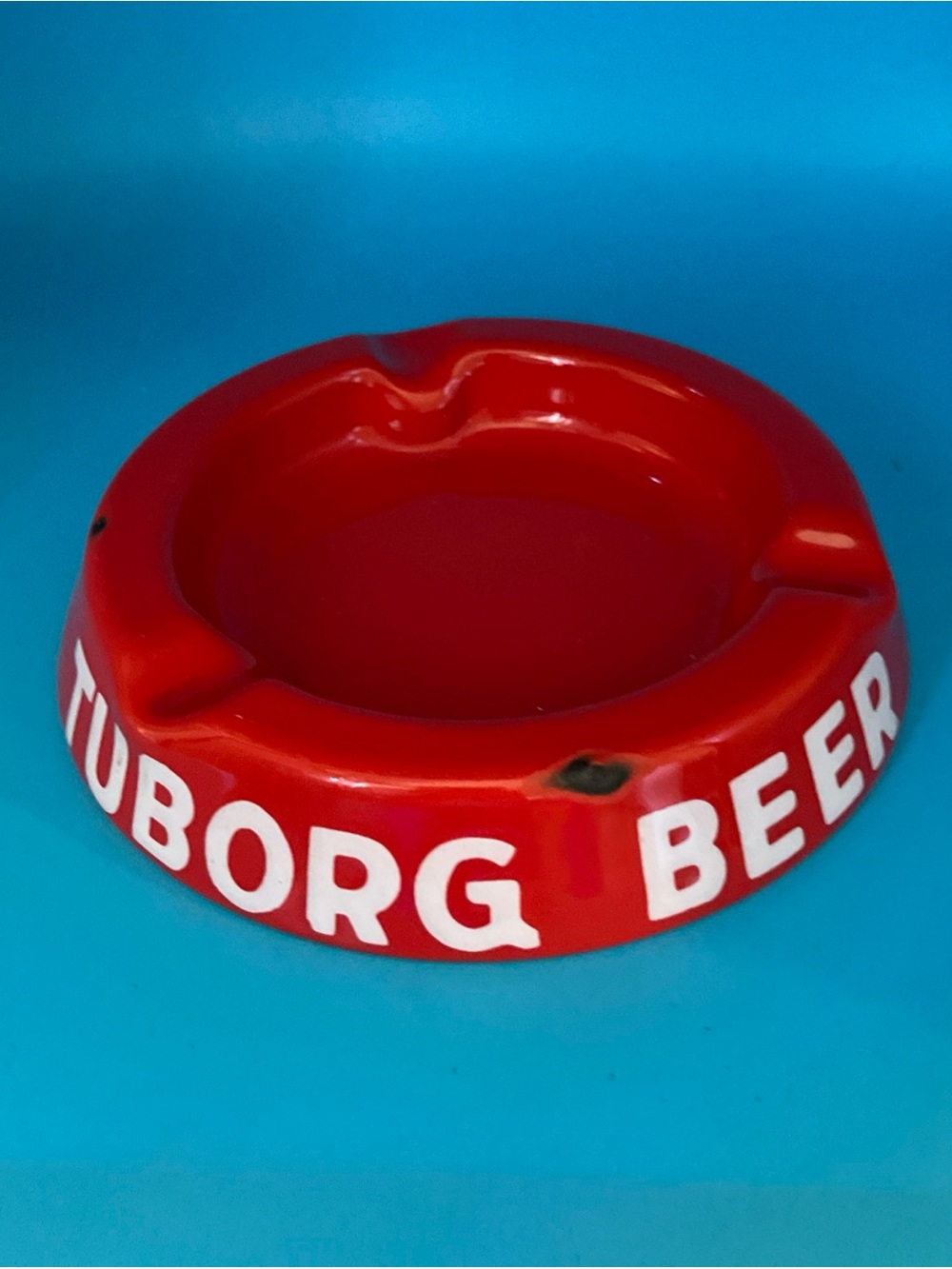 Vintage TUBORG BEER Red Enamel Porcelain over Metal Ashtray DENMARK